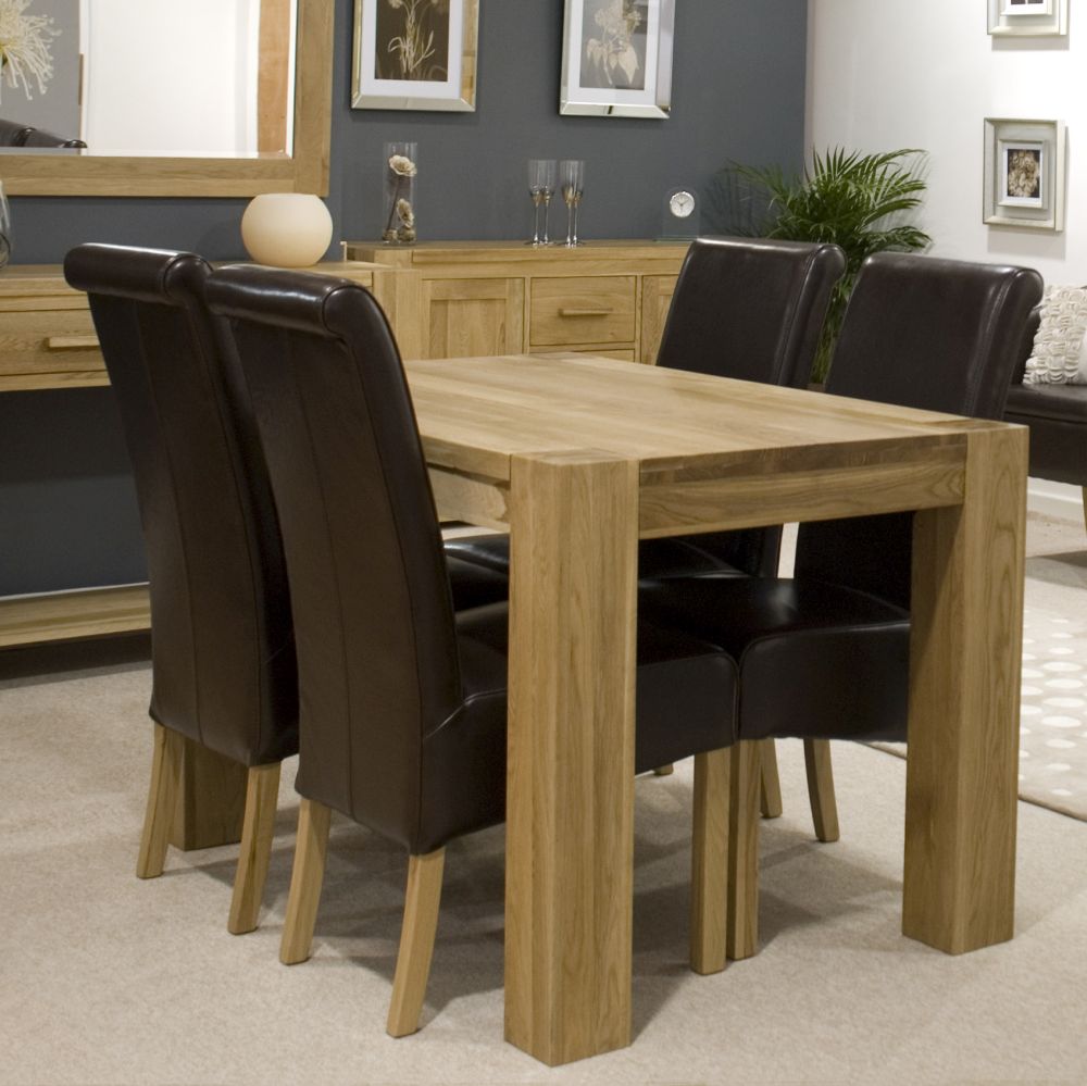 Trend Solid Oak Dining Table with Four Brown Leather Chairs Package